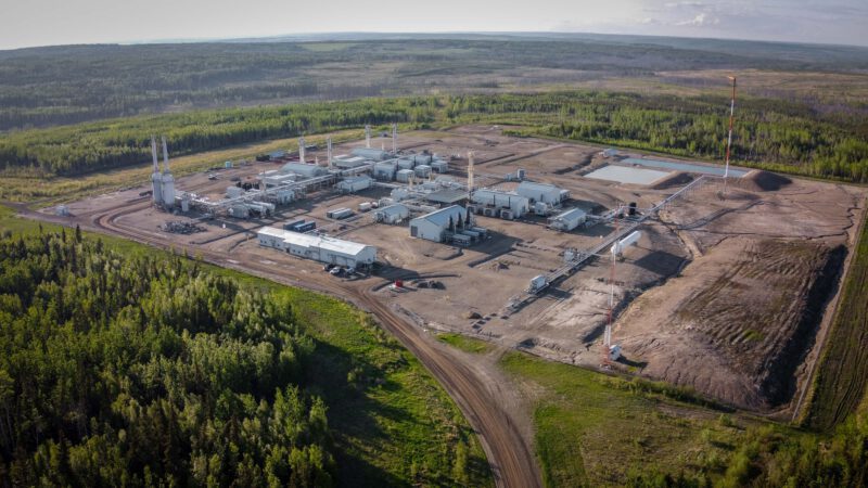 Aerial view of fracking infrastructure in Northeastern BC.