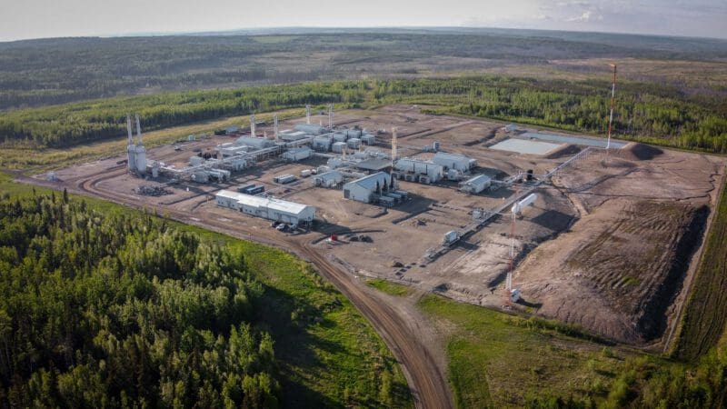 Aerial view of fracking infrastructure in Northeastern BC.