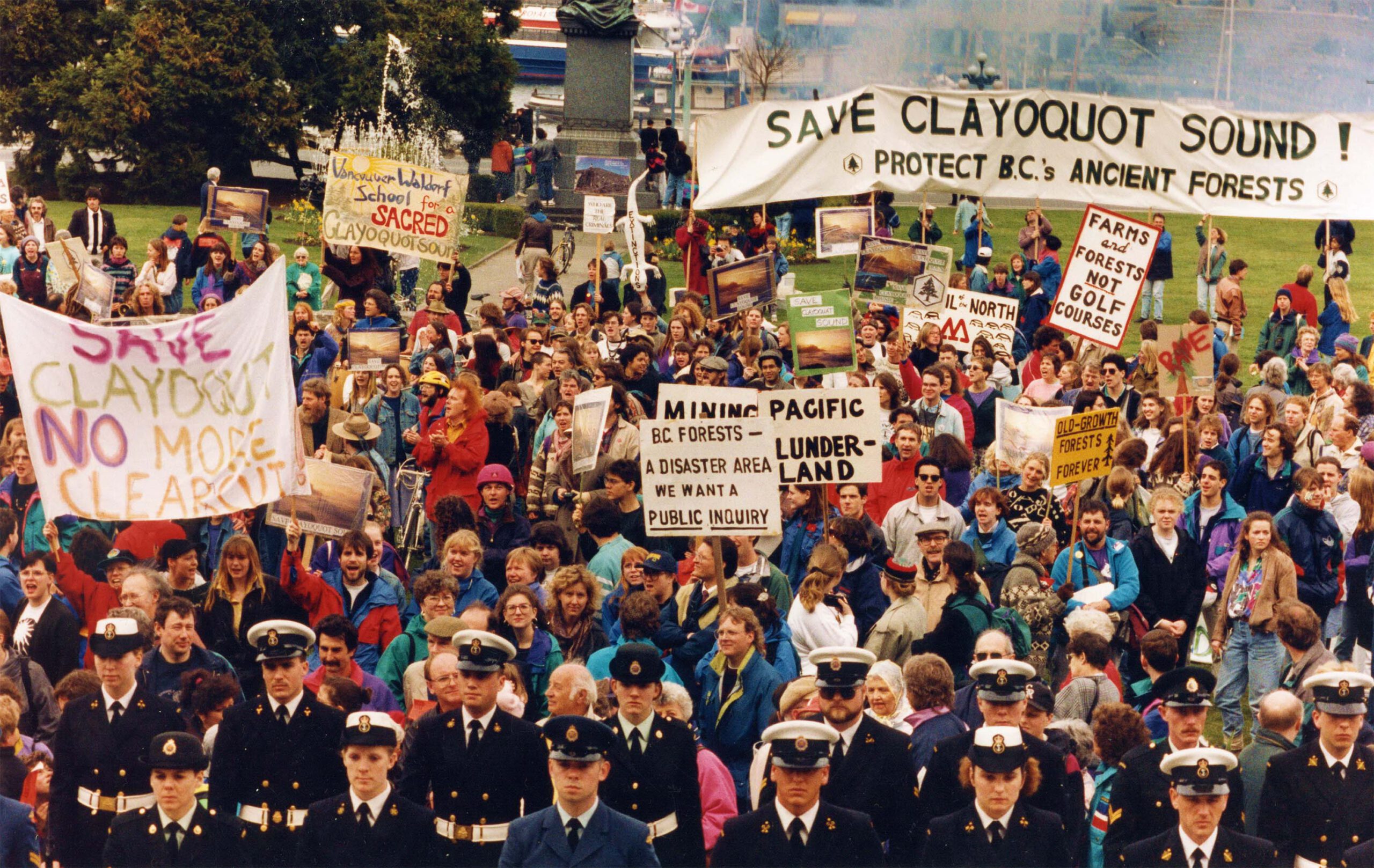 An image from 1993 showing protestors with signs to ask for the protection of Clayoquot sound