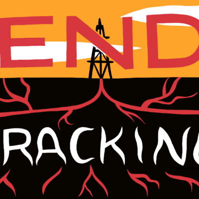 Illustration that reads end fracking with cracks in the earth spreading from the N for Frack Free BC