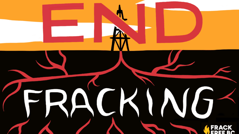 Illustration that reads end fracking with cracks in the earth spreading from the N for Frack Free BC