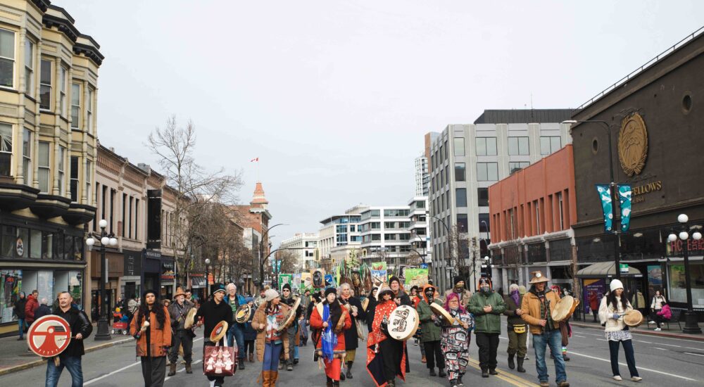 United for Old Growth March and Rally, front of march led by Indigenous Peoples and drummers
