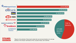 7 teal horizontal bars showing banks $ amount of financing and 1 red horizontal bar showing the top bank. Red and tea pie chart on the bottom right corner against an off-white background and bank logos.