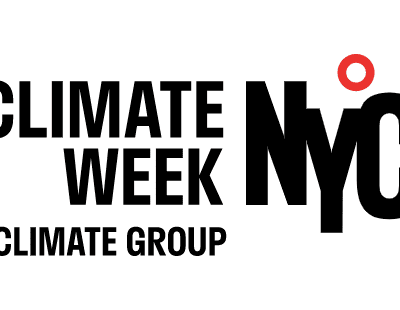 Black bolded letters for Climate Week NYC by climate group with little red circles above the Y