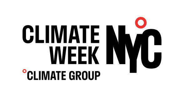 Black bolded letters for Climate Week NYC by climate group with little red circles above the Y