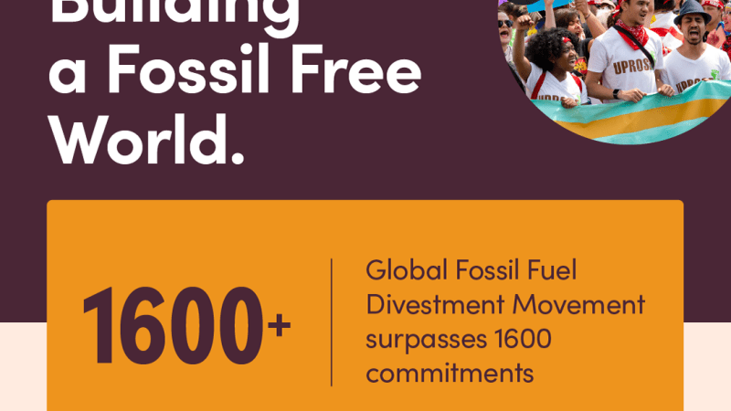maroon background with white text reading “Building a Fossil Free world” next to 2 photos from climate justice marches. Below, an orange box with maroon text reading “1600+ Global Fossil Fuel Divestment Movement surpasses 1600 commitments. Full list at DivestmentDatabase.org”