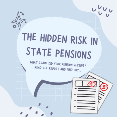 Blue sky background with white chat bubble with text reading "the hidden risk in state pensions" next to a reportcard