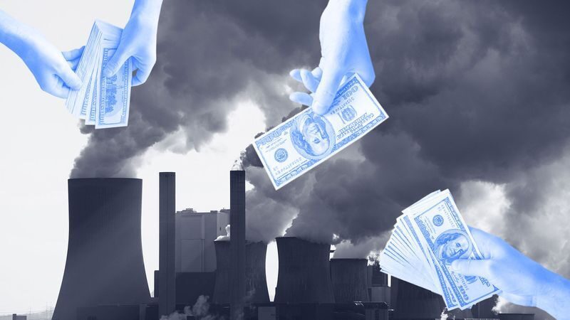 dollar bills juxtaposed over fossil fuel plants
