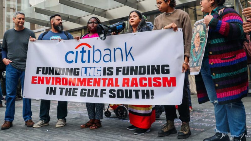 protesters stand with a sign calling out citibank for funding LNG and environmental racism