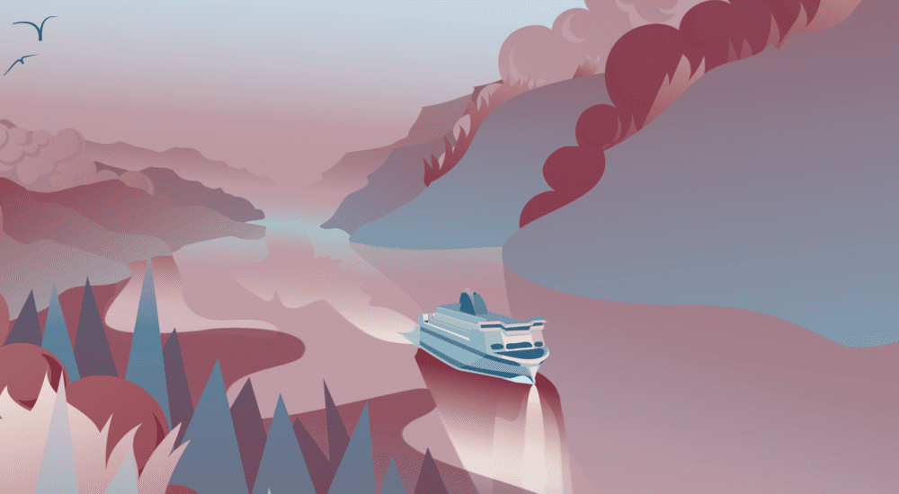 Digital art from the cover of a report titled Fracked Ferries: LNG is a false solution. This image shows a ferry powered by LNG passing in a water way between two land masses as it emits exhaust.