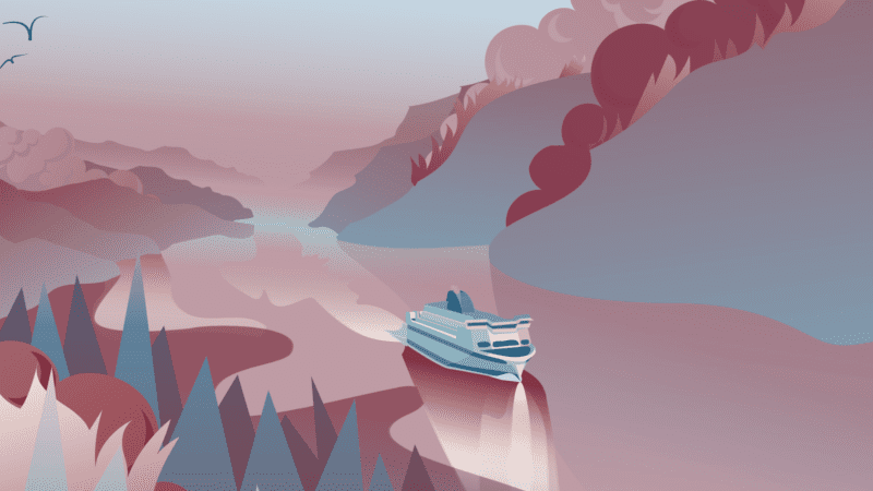 Digital art from the cover of a report titled Fracked Ferries: LNG is a false solution. This image shows a ferry powered by LNG passing in a water way between two land masses as it emits exhaust.