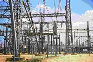 Electricity station infrastructure with overhead power lines and transformers, surrounded by a security fence under a partly cloudy sky.