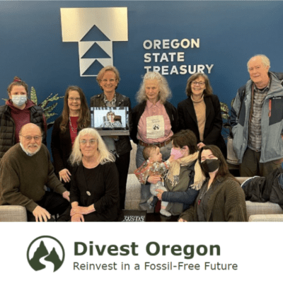 Group of Divest Oregon organizers standing and smiling in front of a wall with the Oregon State Treasury logo. At the bottom, the Divest Oregon logo with green trees