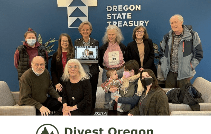 Group of Divest Oregon organizers standing and smiling in front of a wall with the Oregon State Treasury logo. At the bottom, the Divest Oregon logo with green trees