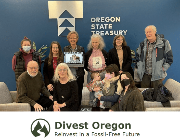 Group of Divest Oregon organizers standing and smiling in front of a wall with the Oregon State Treasury logo. At the bottom, the Divest Oregon logo with green trees