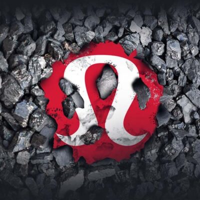 Graphic of the lululemon logo torn and laying across a bed of coal.