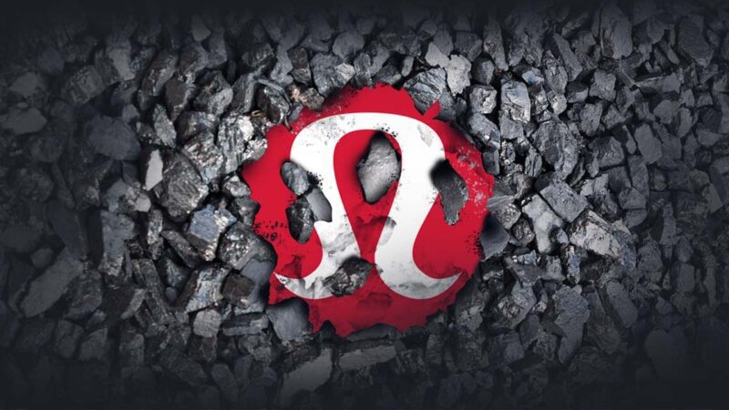 Graphic of the lululemon logo torn and laying across a bed of coal.