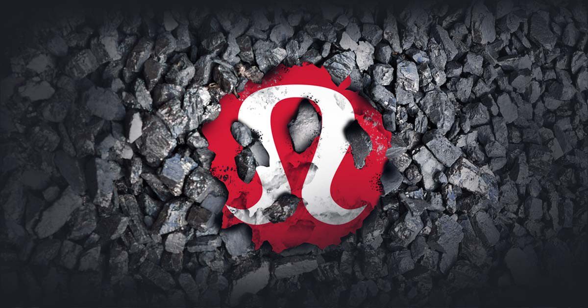 Graphic of the lululemon logo torn and laying across a bed of coal. 