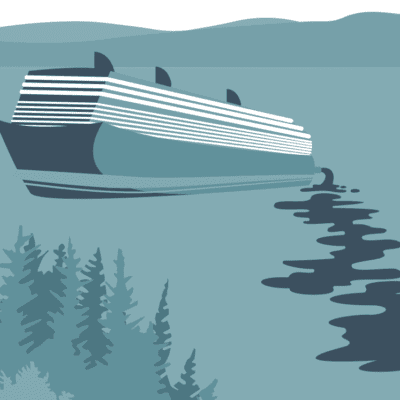 Digital art in shades of blue showing a cruise ship with what appears to be leakage and som coniferous trees in the foreground.