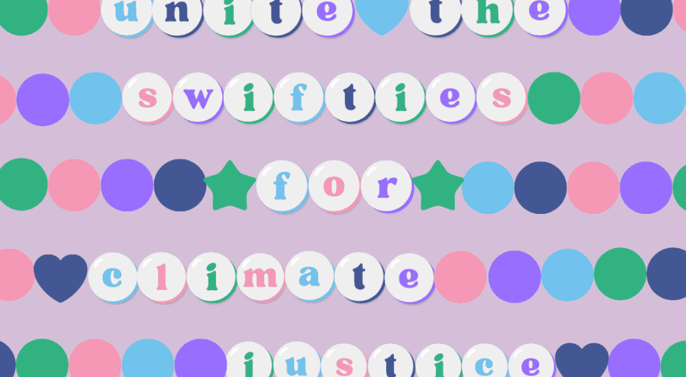 Lavender background with friendship bracelets reading "unite the swifties for climate justice." and "win era tour tickets." at the bottom, the logos of Stand.earth, Decolonial Solidarity & Change Course.