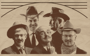 Sepia-tone poster of Canada's Big 5 Bank CEOs with cowboy hats below text reading "bankers on trial"