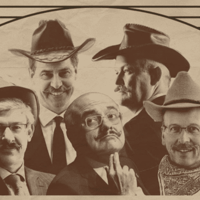 Sepia-tone poster of Canada's Big 5 Bank CEOs with cowboy hats below text reading "bankers on trial"