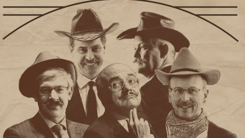 Sepia-tone poster of Canada's Big 5 Bank CEOs with cowboy hats below text reading "bankers on trial"