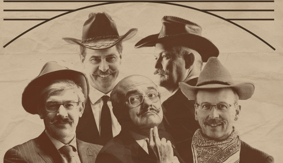 Sepia-tone poster of Canada's Big 5 Bank CEOs with cowboy hats below text reading "bankers on trial"