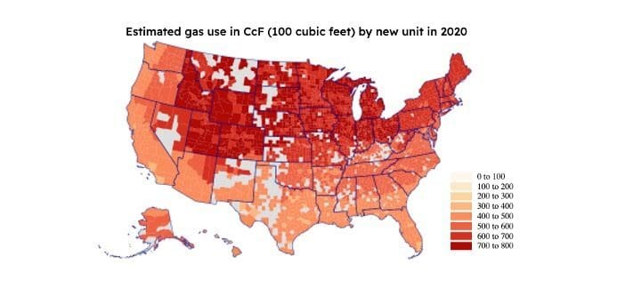 Estimated gas use in CcF (100 cubic feet) by new unit in 2020