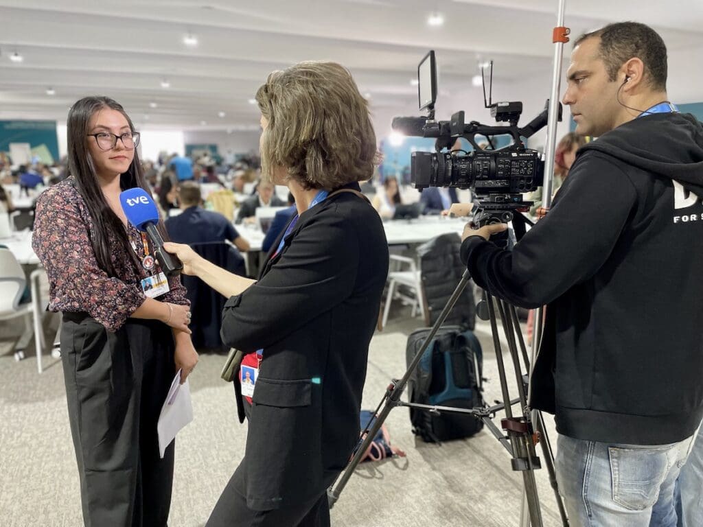 Stand's Amazonia campaigner Gisela Hurtado being interviewed at COP29.