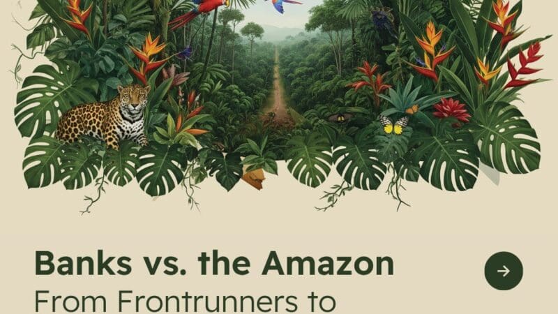 Beige background with graphic featuring animals, river, and trees. Below, black text reading "Banks vs. the Amazon: from frontrunners to laggards: ranking major banks' amazon oil and gas financing"