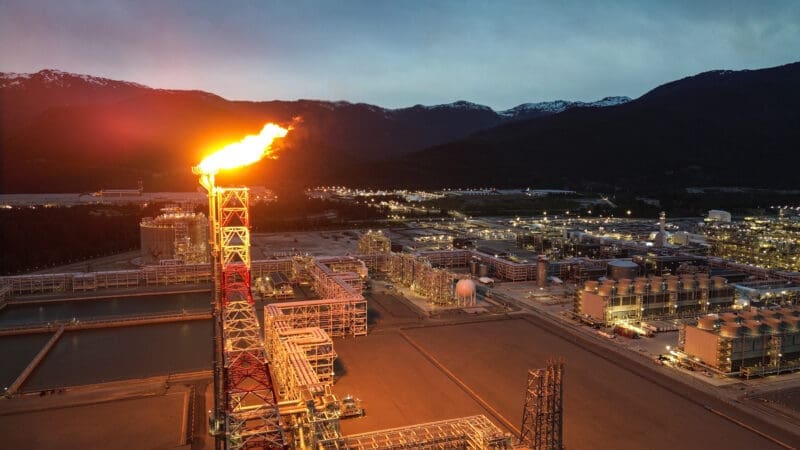 methane flare from LNG Canada, an LNG facility in Kitimat, B.C.