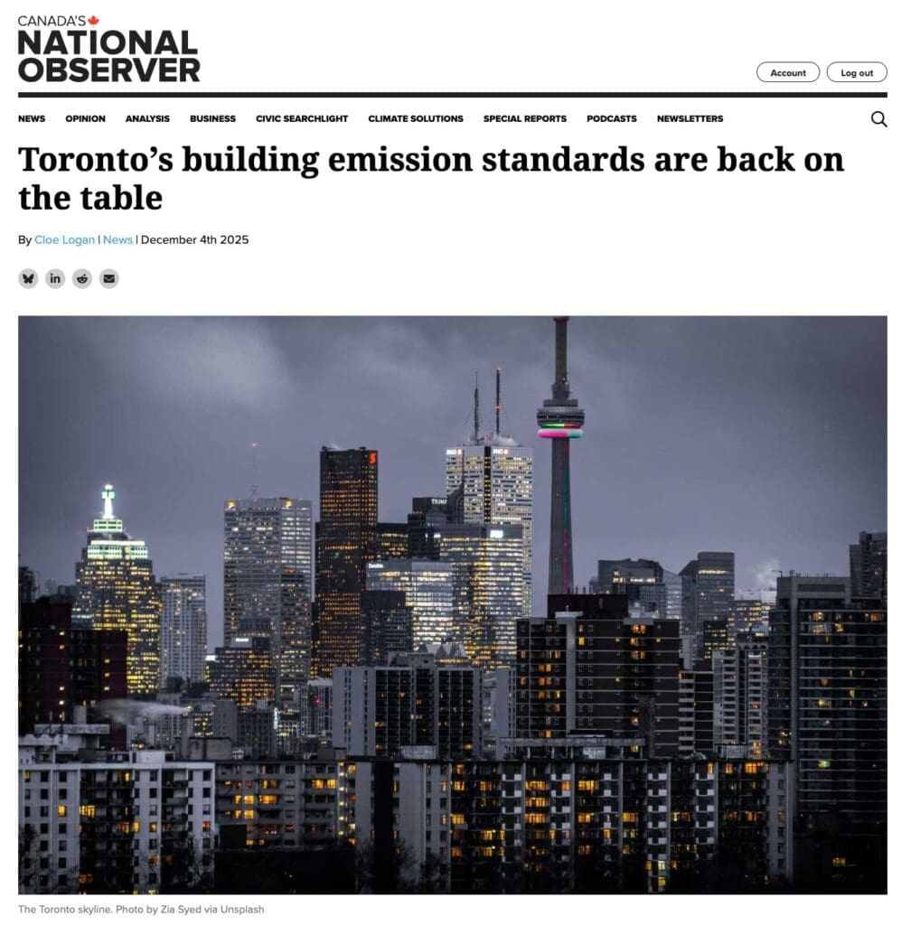 A National Observer article with a headline that reads "toronto building emissions standards are back on the table"